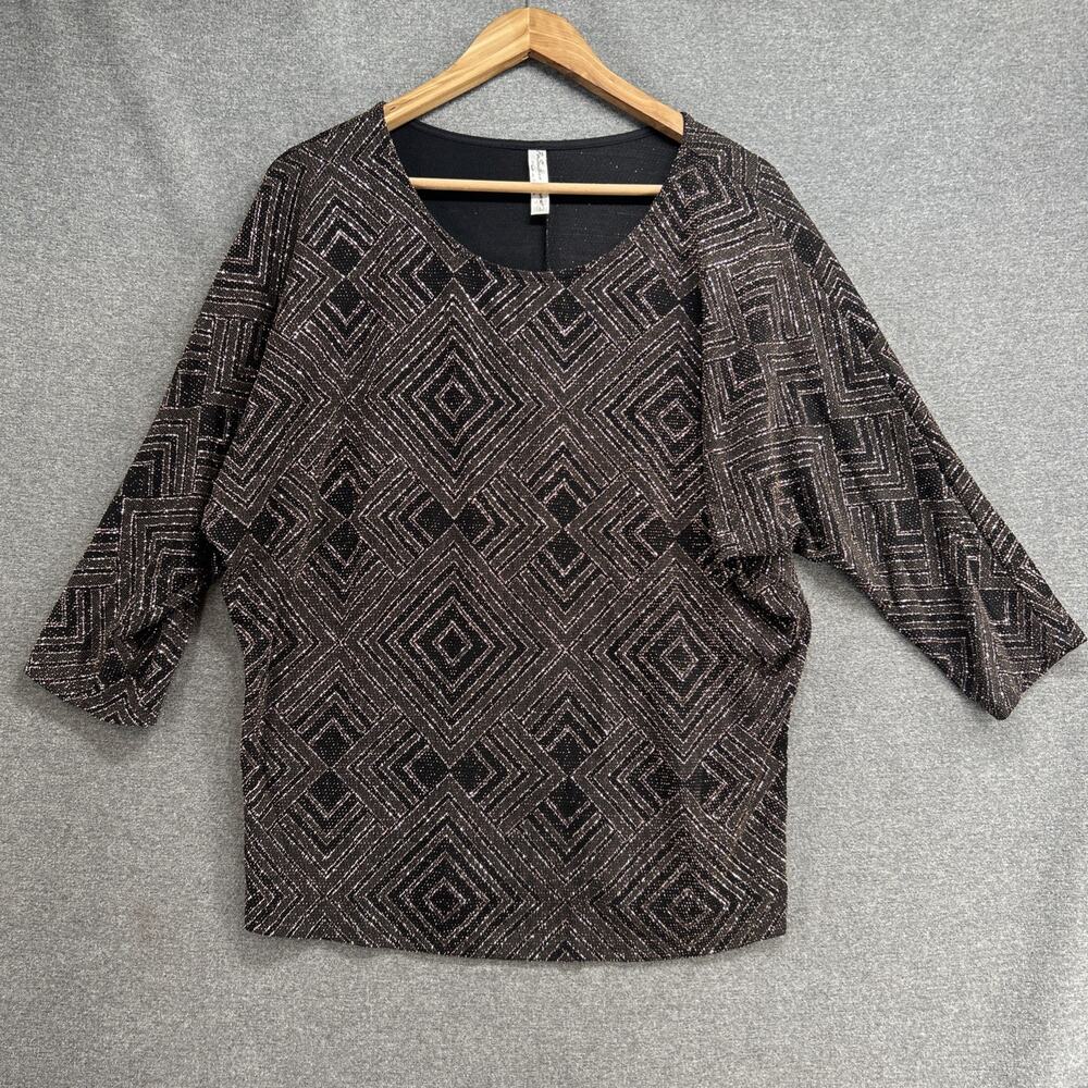 PerSeption Concept Blouse Womens Large Black Velour Geometric Metallic Shimmer